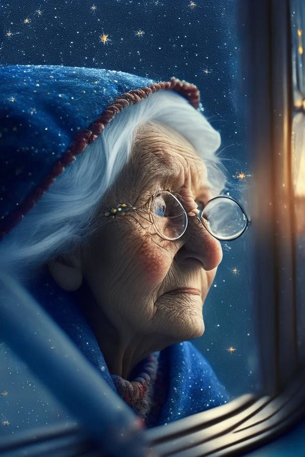 grandma elf , with background star field seen in the window of a boat, 4 k, trending art, depth of field