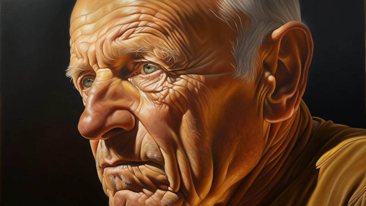 A hyper-realistic oil painting of a person's face, capturing every pore and wrinkle with precision and depth. The scene depicts the subject in a moment of contemplation, with a hint of sadness in their eyes. The suffix adds a surreal touch, with a halo of golden light surrounding the figure