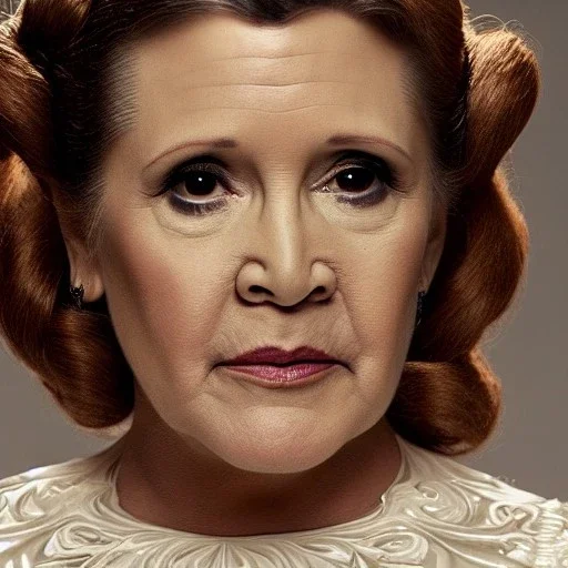 [[extrem stunning photorealistic carrie fisher as princess leia in star wars]] :: [[photorealistic sharp brown eyes, intricate ornate white gown, symmetrical short hair, head and shoulders portrait by Annie Leibovitz, 8k resolution photorealistic hyperdetailed portrait, intricately detailed, triadic colors]] :: [[galaxy background]]