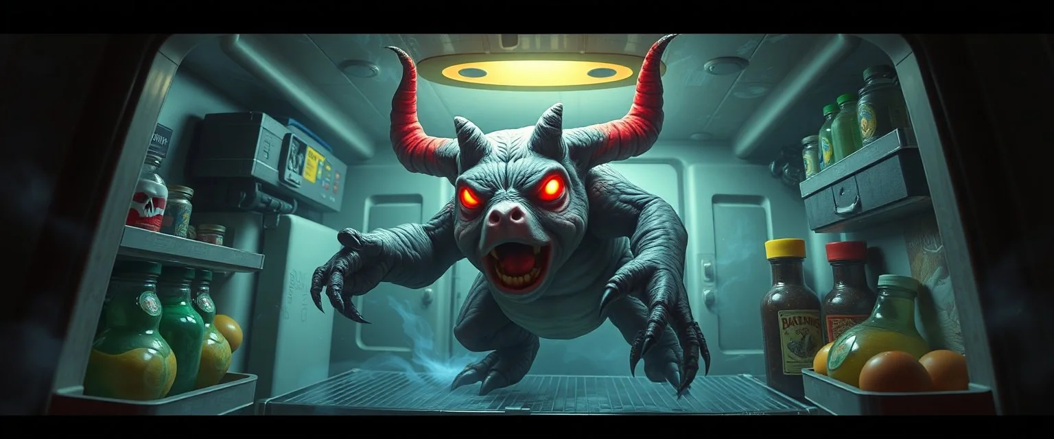 final boss pork sloth demon in the fridge space craft in the style of fantasy art