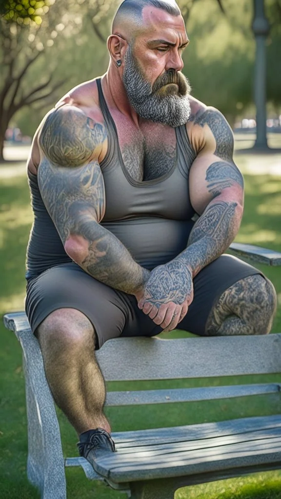 full body shot photography of a tanned ugly muscular sicilian burly big chubby man 45 years old, tattoo, shaved hairs, long beard, stained undershirt, grey boxer, manly chest, relaxing sitting on a bench in a public park, bullneck, outstretched arms, sunlight, photorealistic , relaxed eyes, ultra detailed, Canon EOS, 35mm lens, ground view, view from below