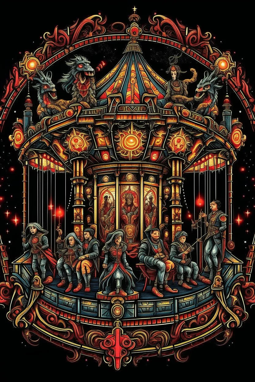 Horror Movie ornate Carousel Design, T-Shirt Design, fantasy art, digital painting, clean dark background, 8K, HDR