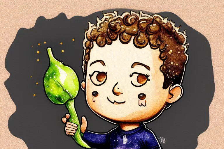 cute chibi mark zuckerberg with a big garlic in sunshine, watercolor and black in outlines, golden glitter, ethereal, cinematic postprocessing, bokeh, dof