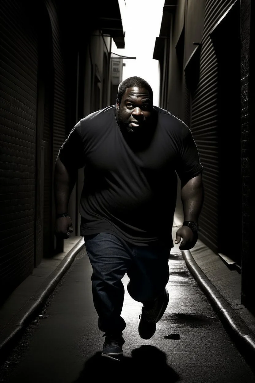 Big fat black man running in a dark alleyway