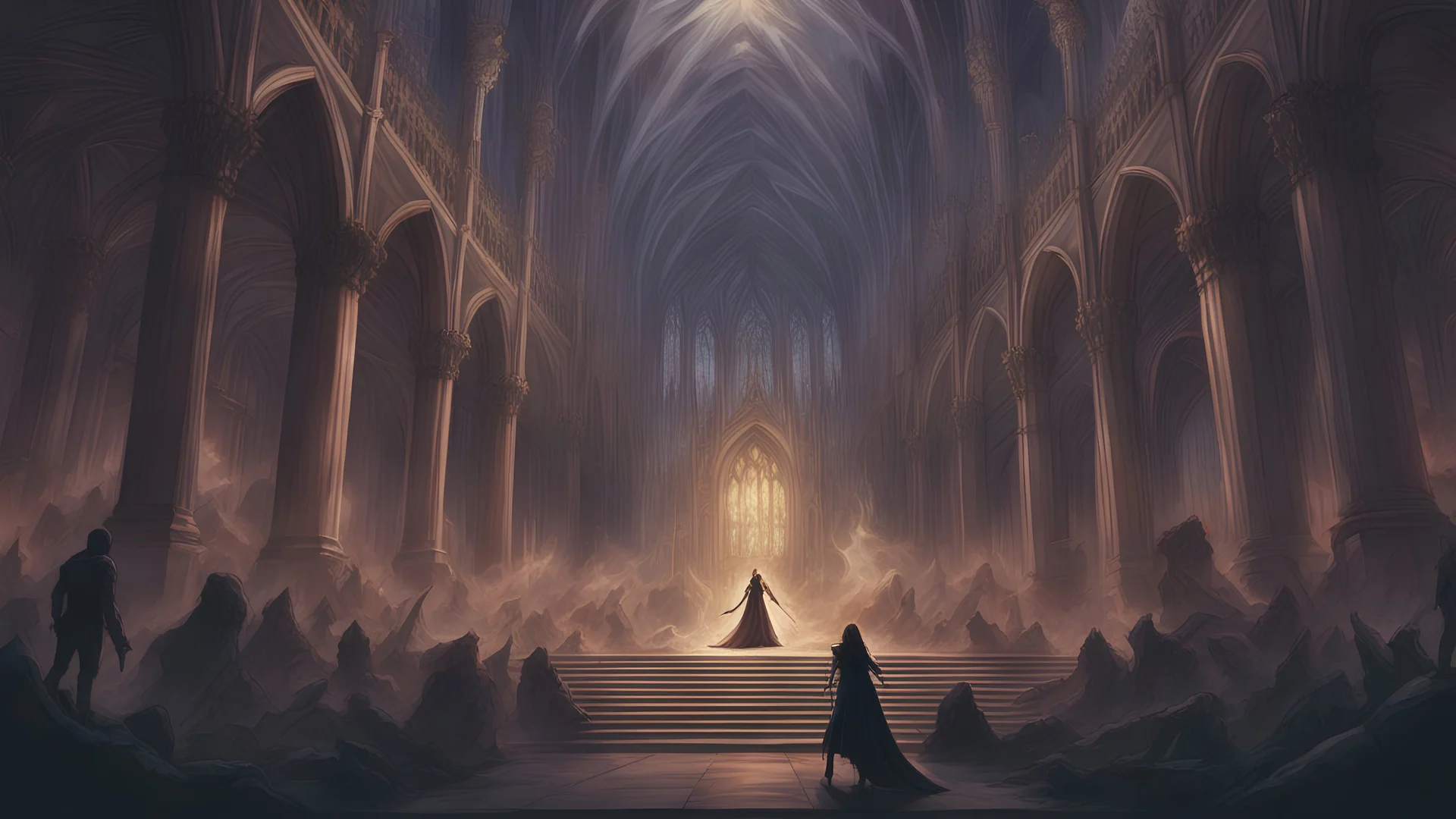 "Generate a high-quality illustration depicting an epic battle in a cathedral between a cosmic horror-inspired entity like Cutululu and a powerful woman necromancer. Capture the intensity of the confrontation as both unleash their magical abilities in a clash of supernatural forces. Pay special attention to the details of the cathedral's architecture and the facial expressions and gestures of the characters to convey the thrilling narrative of the encounter."