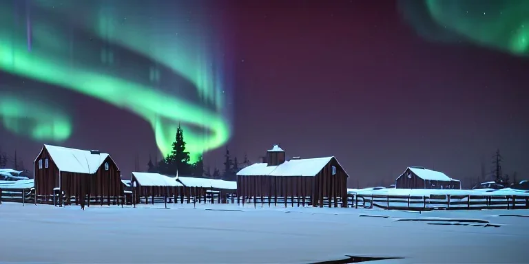 Cattle farm in a bleak cold land, northern lights