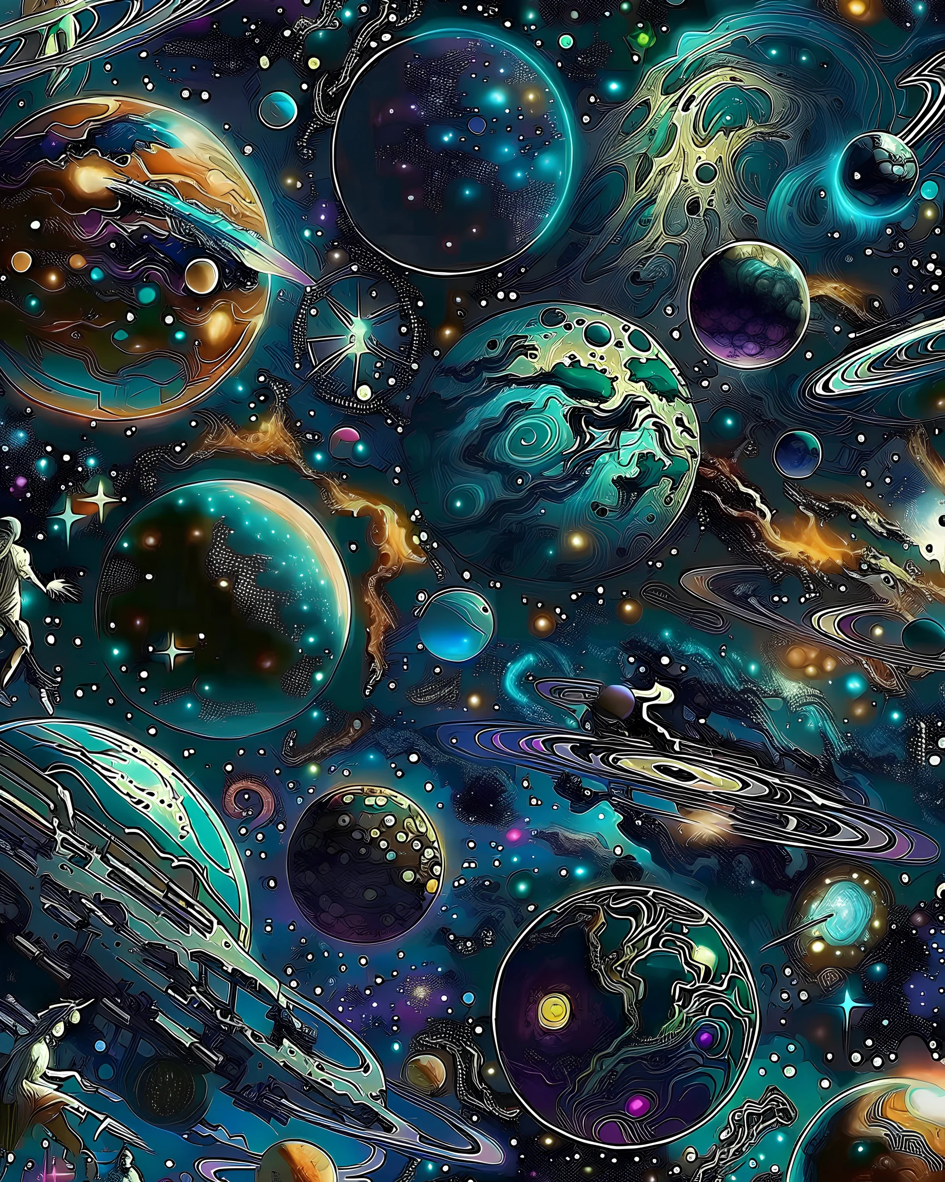 celestial bodies, cosmic patterns, and dreamlike scenes, stars, planets,