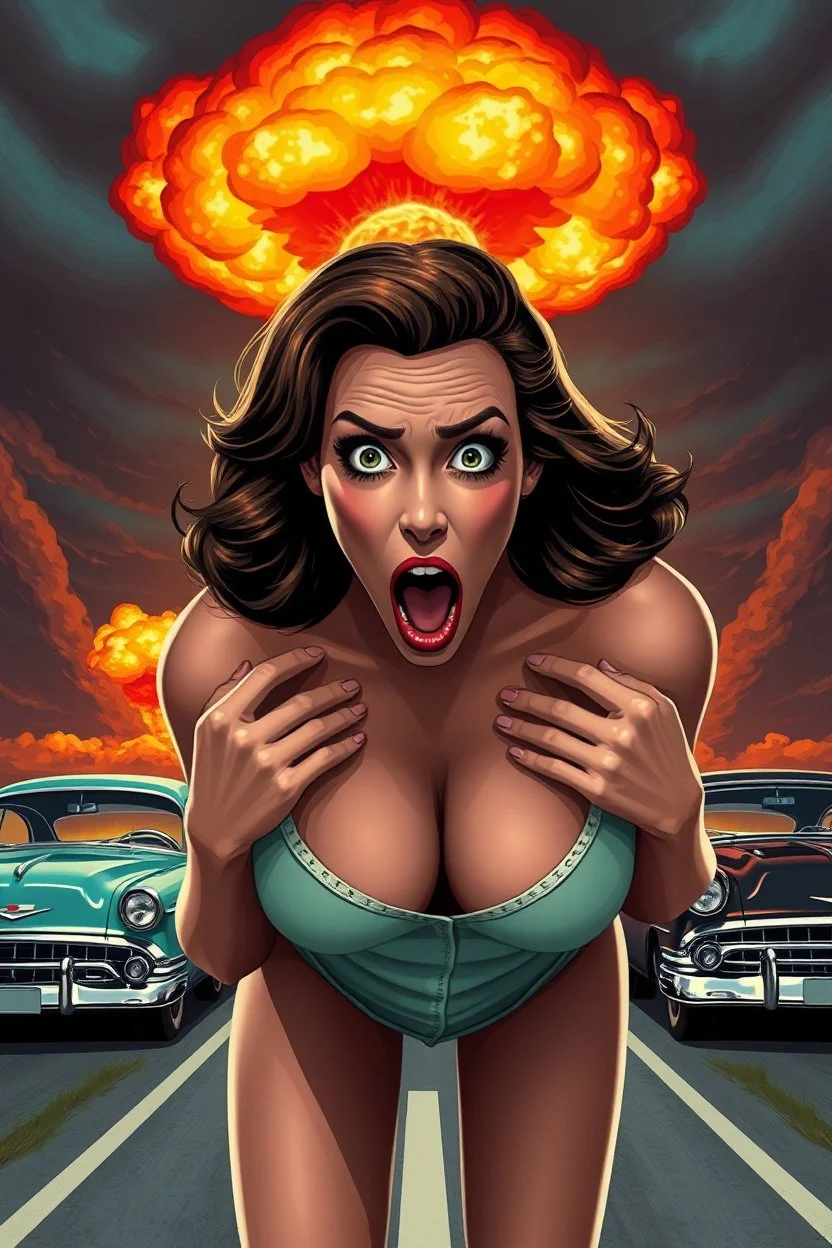 an attractive woman leaning forward(cropped from between nose and hips, cleavage, hands at side of face, with surprised shocked expression, dramatic screaming), nuclear explosion and 1950s Cars in background, greaser, digital illustration