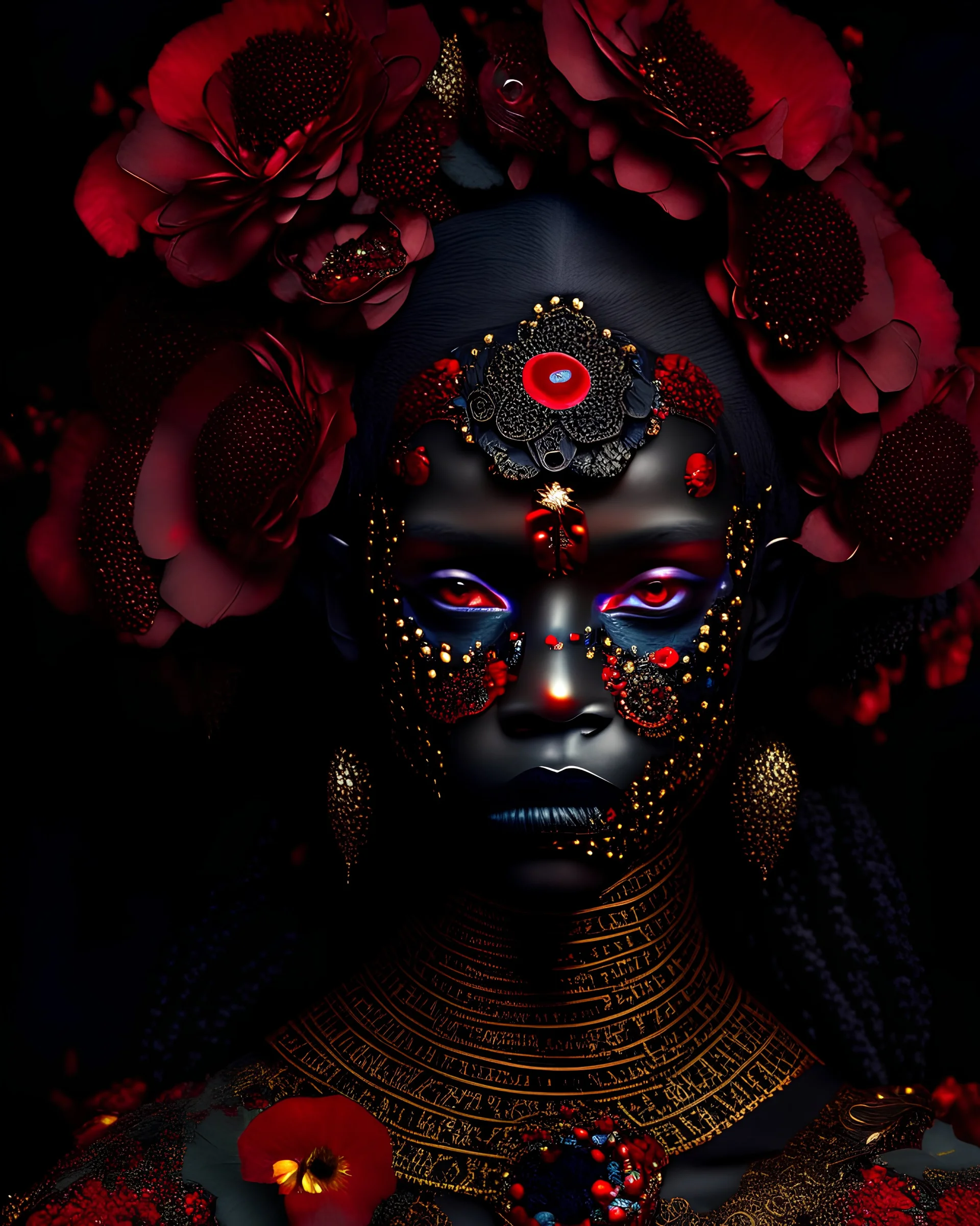 Beautiful young faced african voodoo vantablack woman adorned with garden red qnd ginger . Pansy flower rcoco venetian metallic filigree decadent samanism garden pasi rhinesstone covered floral headress ornated woman portrait wearing venetian face masque and floral filigree embossed dress vantablack gothica voidcore decadent organic bio spinal ribbed detail of ribbed mineral stones extremely detailed hyperrealistic maximálist concept art rococo portrait art