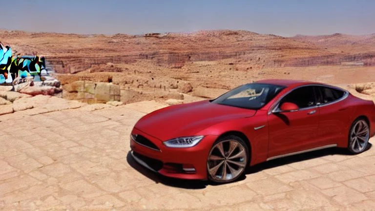 A Tesla's 'Model S Plaid' is racing at top speed, at Petra, in Jordan. CINEMATIC. WIDE ANGLE LENS.