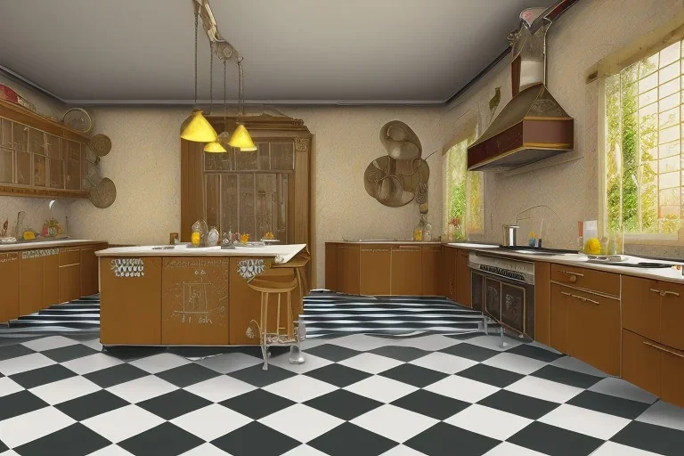 kitchen with checker floor painted, 50s