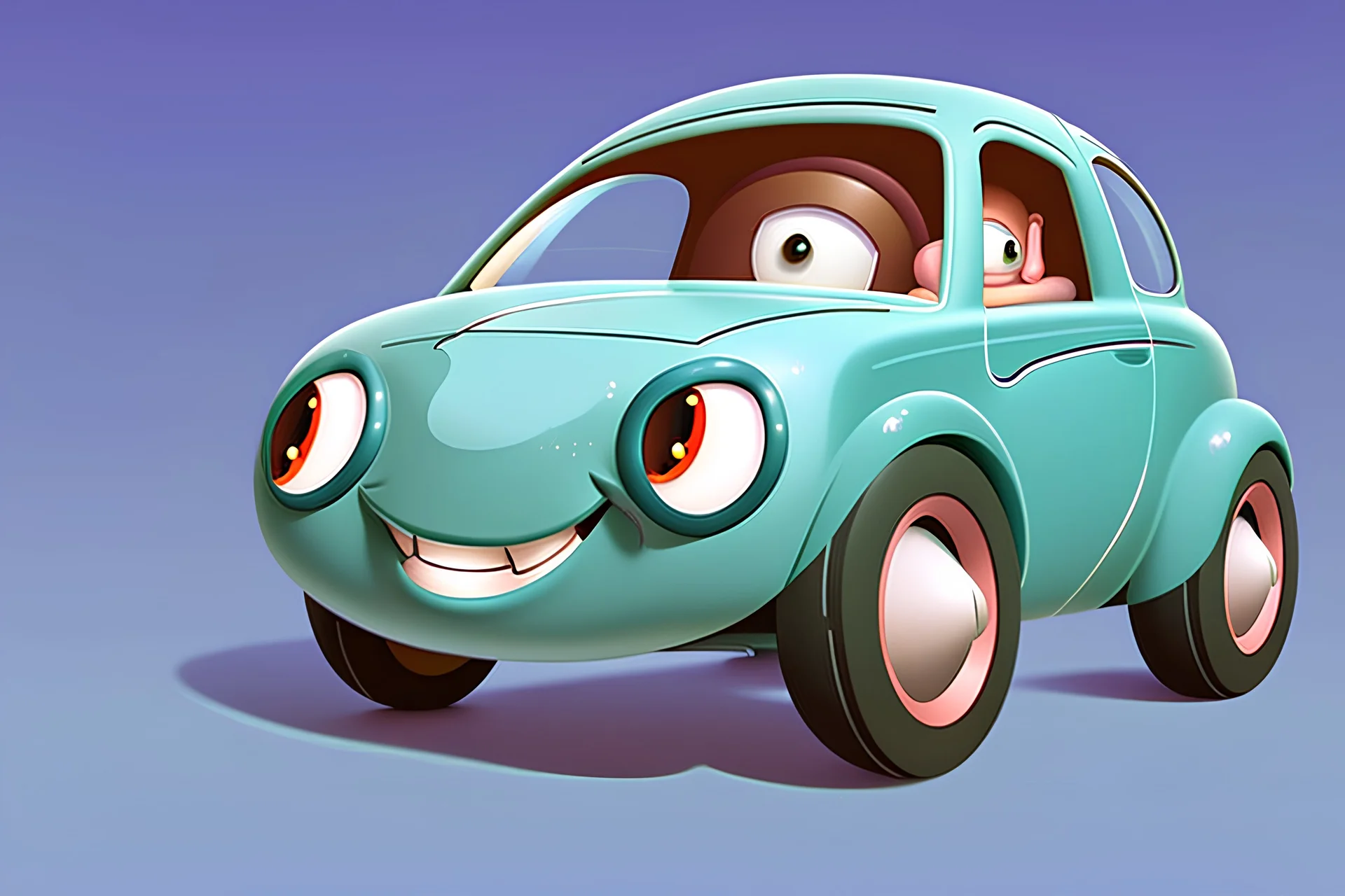 whimsical cartoon car with big eyes and a friendly smile, accompanied by various mechanical parts that form the shape of the car. The cartoon car should have a round body and a pair of big, round headlights that look like eyes. The eyes should be friendly and cute, with thick lashes and a bright sparkle. The car should also have a wide grille that forms a smile, with a row of teeth made of tiny nuts and bolts. The smile should be slightly crooked.