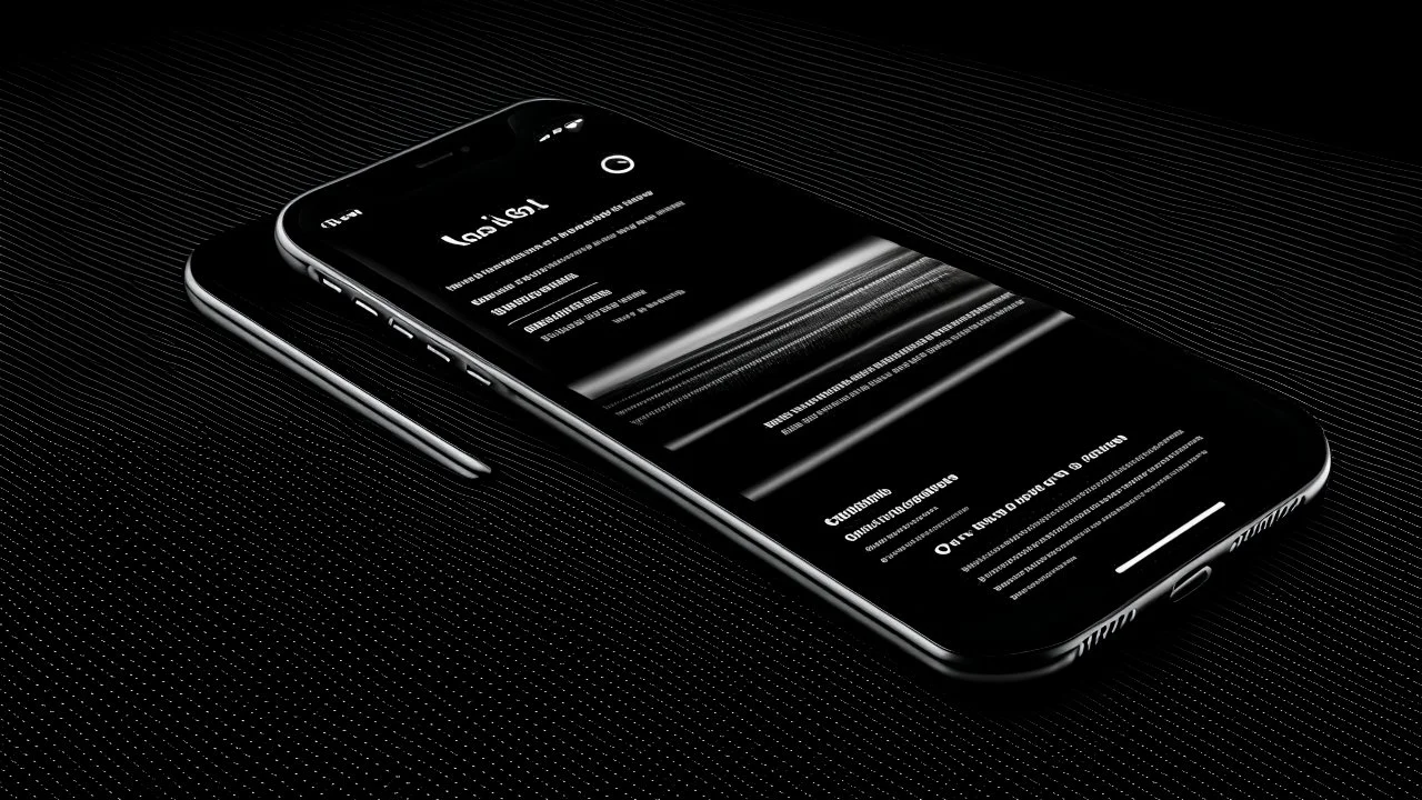 a 3d black & white website flowing out of a photo realistic iphone 14 screen, left side perspective, dark ambience