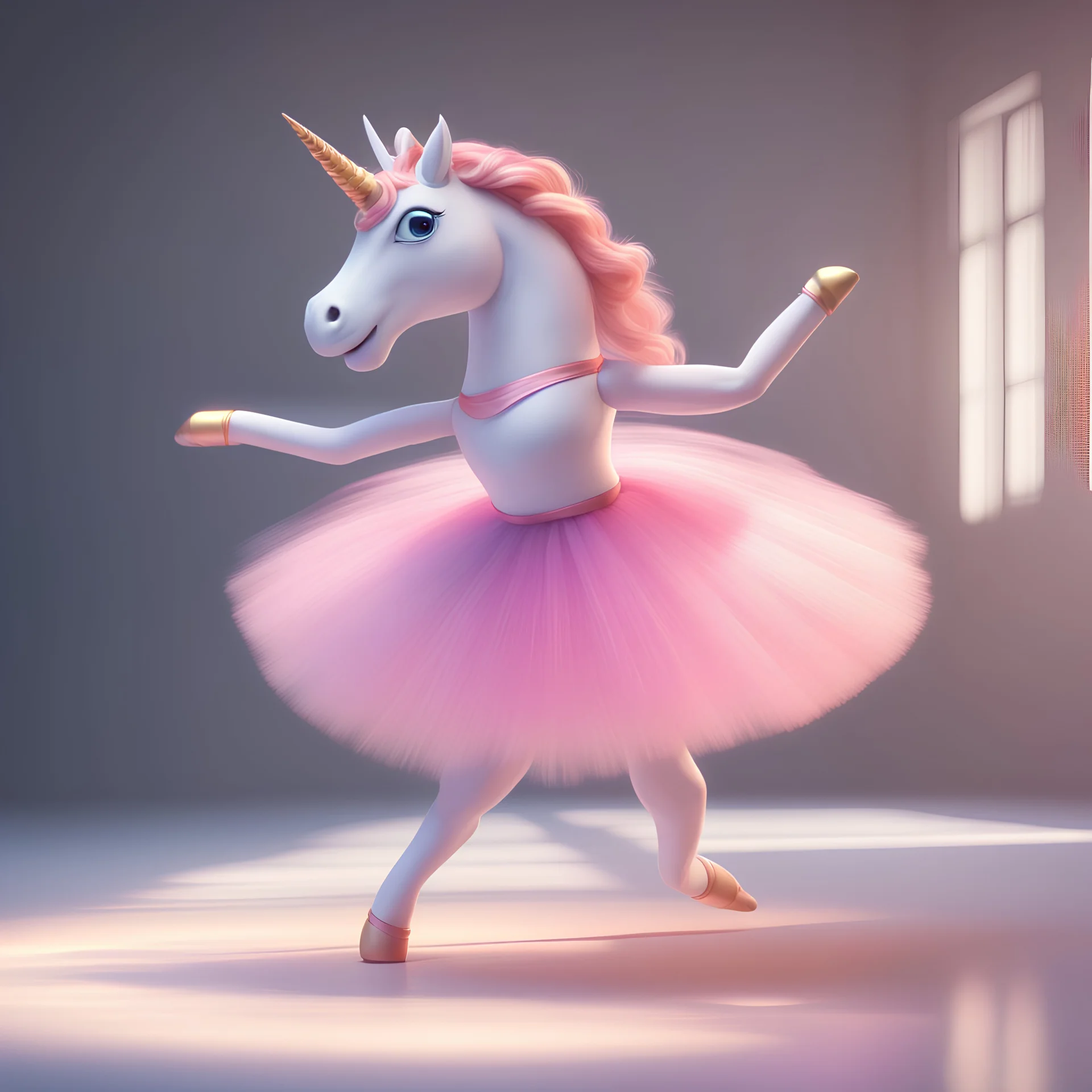 A unicorn making a Ballet pivot wearing a tutu, Pixar, Disney, concept art, 3d digital art, Maya 3D, ZBrush Central 3D shading, bright colored background, radial gradient background, cinematic, Reimagined by industrial light and magic, 4k resolution post processing