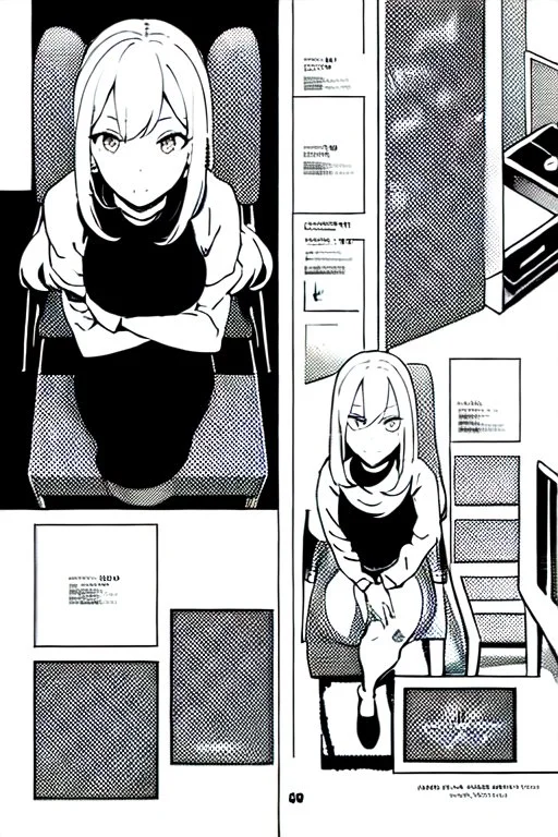 blonde girl converses sitting on a chair, isometric view, grayscale, manga page