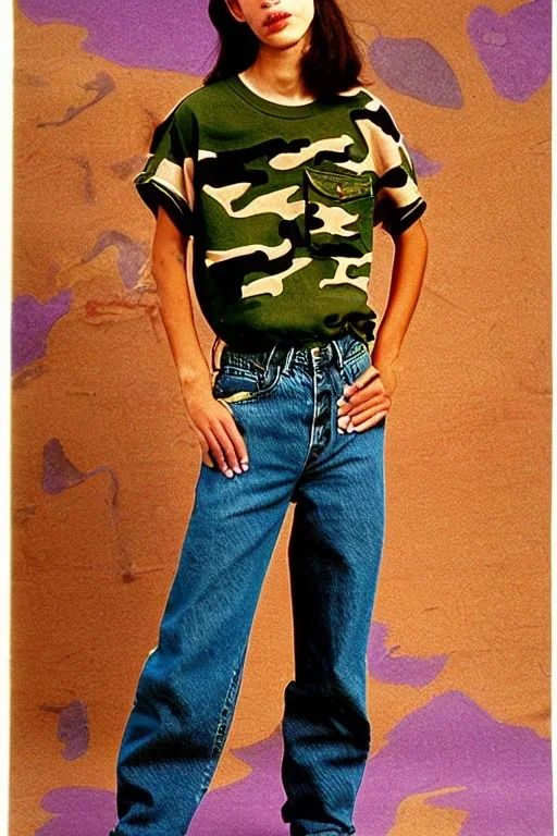 year 1996 denim fashion. Loose fit, "combat pants" with low waist, baggy, Combat pants and t-shirt. Colors: denim blue, blue, purple, khaki, light green, lilac, plum, orange, terracotta, red, pink, dark blue, beige. Women models. Patterns: Something between camouflage and lynx prints, stripes. Sturnus vulgaris pattern prints.Jennifer Lopez, Gwyneth Paltrow, . Big tennis shoes on. Cargo pants. street style hoodie