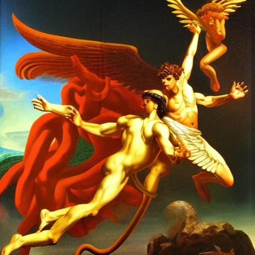 The winged messenger Hermes delivering a message to Zeus but Zeus is a Hydra. Medusa and the Minotaur are fighting in the background. High definition oil painting.