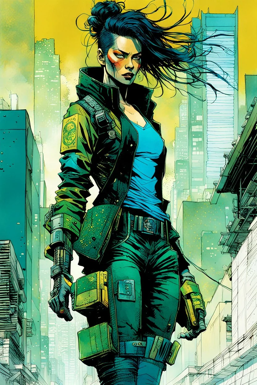 create a full body portrait illustration of an athletic cyberpunk samurai female private detective with prosthetic arm in flak vest, with highly detailed , sharply defined feminine facial features, in a chaotic, turbulent, otherworldly Tokyo in the comic art style of BILL SIENKIEWICZ and JEAN GIRAUD MOEBIUS, searing lines and forceful strokes, precisely drawn, inked, and darkly colored