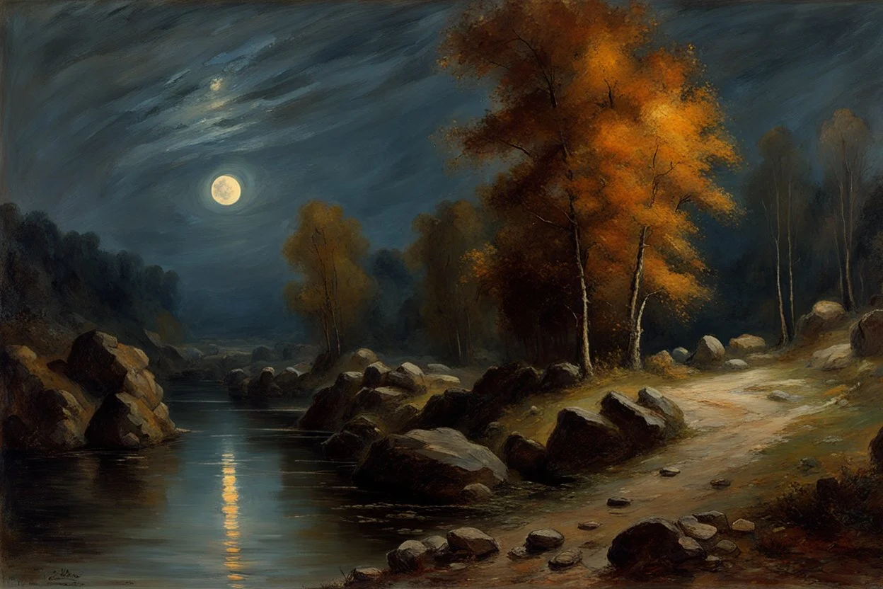 Night, rocks, trees, begginer's landscape, action movies influence, friedrich eckenfelder, and willem maris impressionism paintings