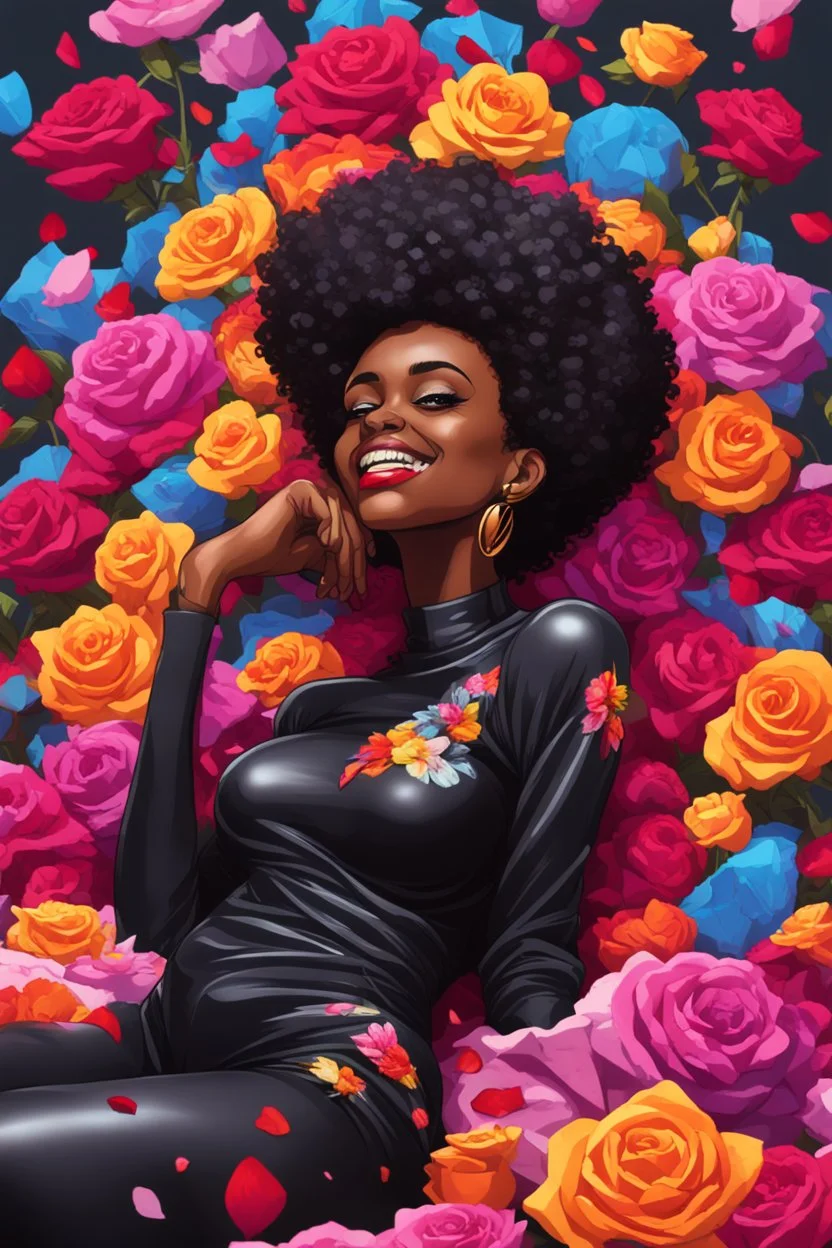 A sassy pop punk futurism art cartoon of a black female lounging lazily on her side, surrounded by colorful roses flower petals. Looking up coyly, she grins widely, showing teeth. Highly detailed black afro , regal expression.