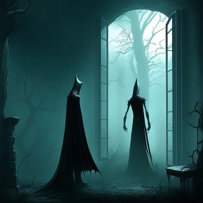 Tall thin Creepy Dark black figure scratching the outer window pering inside,horror , dark fantasy