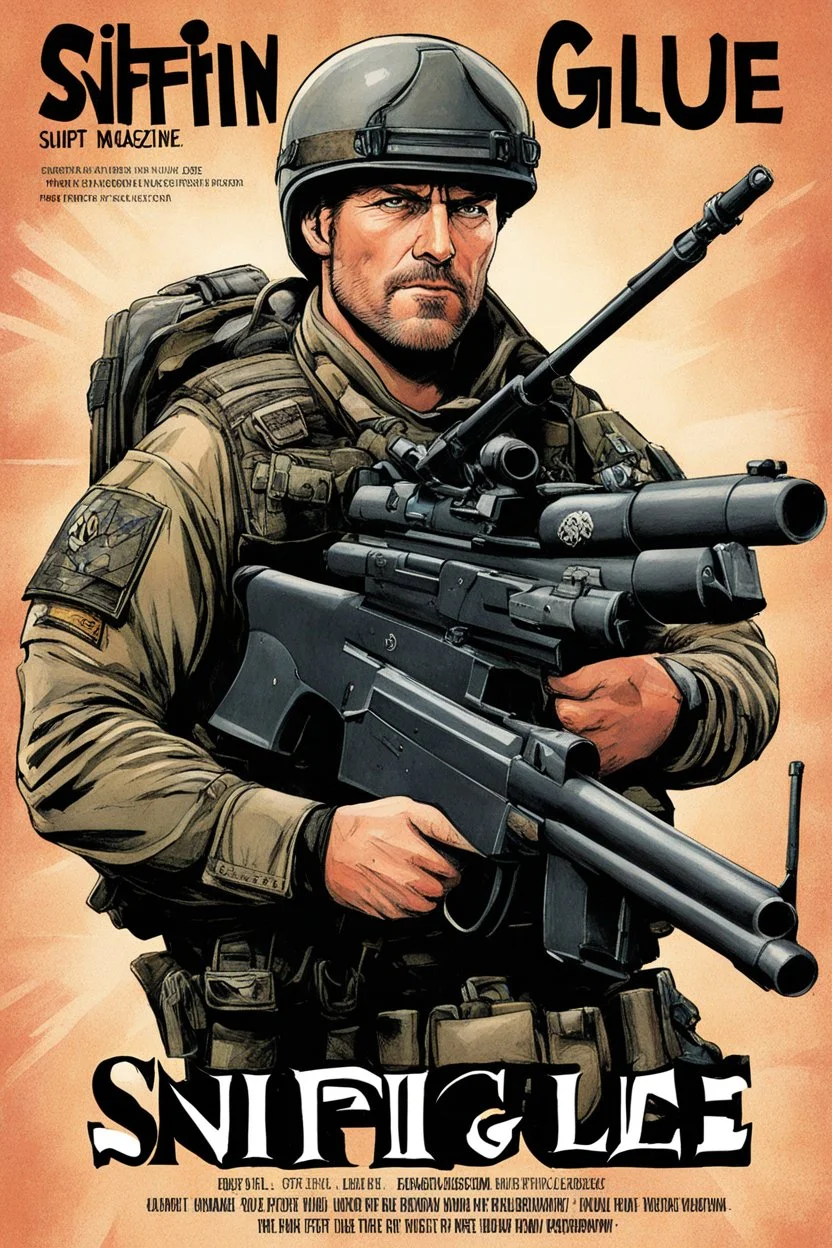 SNIFFIN’ GLUE magazine illustration cover by L'Hôpital, René le Brun : special issue #42 on sniper action and weaponry. guest star: Sergeant JT Sanborn, The Hurt Locker.