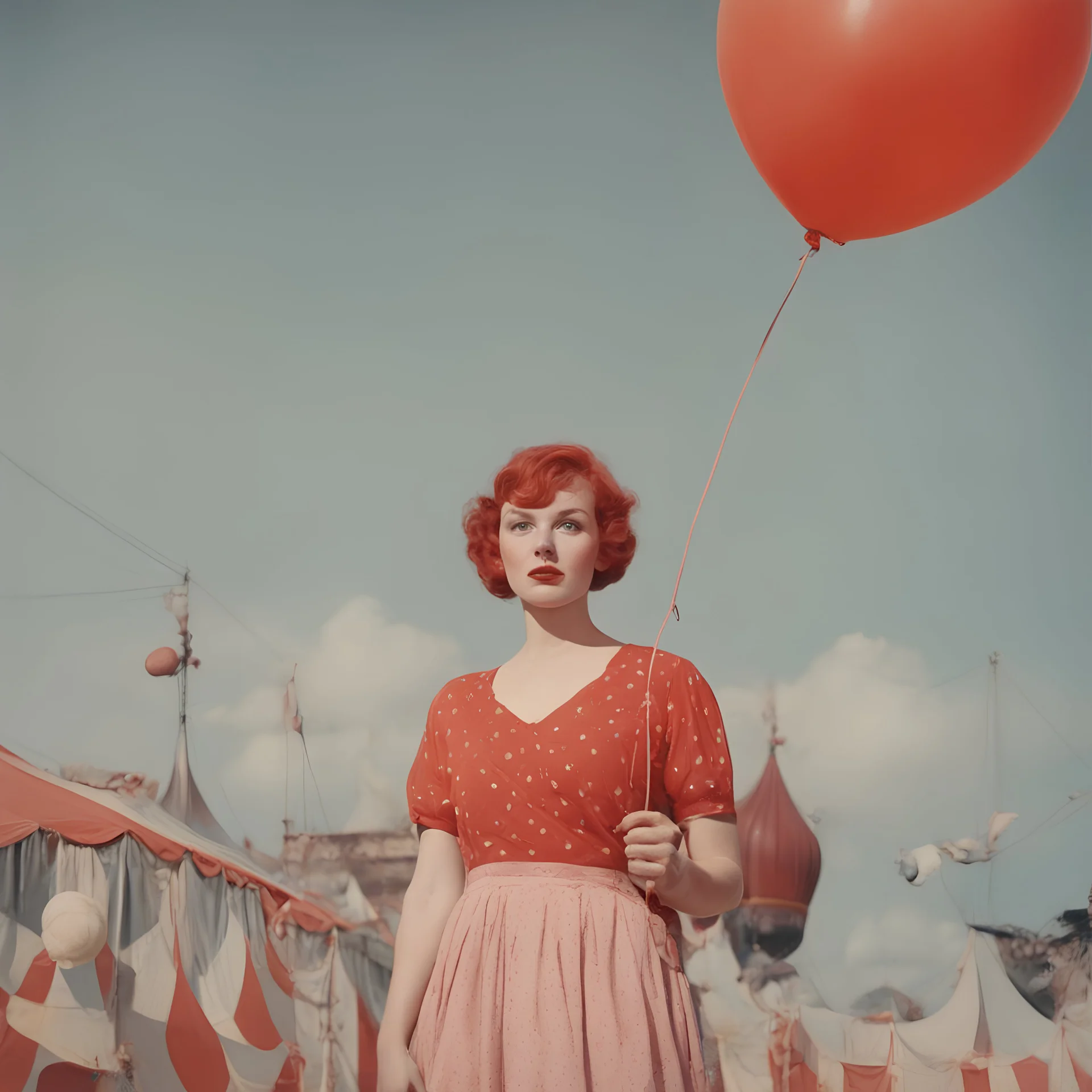 A woman with freckles, with a balloon at the circus, 1950s, red, orange, pink