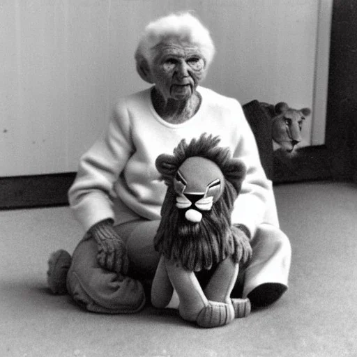 Old photo grandma with lion and zip mouth toy