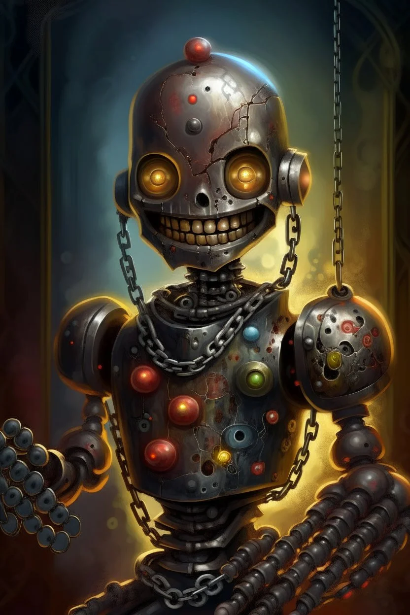 book cover illustration, spotty oil painting portrait of metallic dark faced slightly cute smirking robot vampire holding small earth in chain, bokeh , high detail, smooth render, prize winning