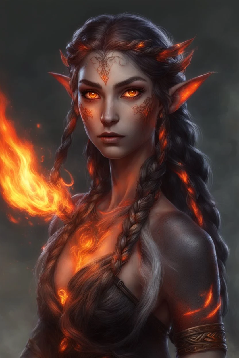 Fire Eladrin druid female. Hair is long and bright black part glows. Part of hair is braided and fire comes out from it. Big bright red eyes. Is generating fire with her hands and fire are coming our off them . Skin color is dark. Has a many big scar on face.