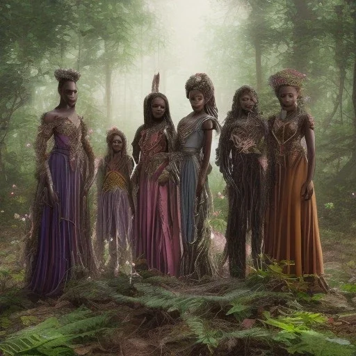 photo.three Brown skin women. Three dark skin women. Three black women. .three women. A mother. Two daughter. Twins. A mother with her children. three young black women. wood nymphs emerging from the forest. Her hair looks like vines. Dreadlocs. Her skin is the colour of dark soil. Her skin looks like tree bark. Her clothing is made of vines, grass and leaves.