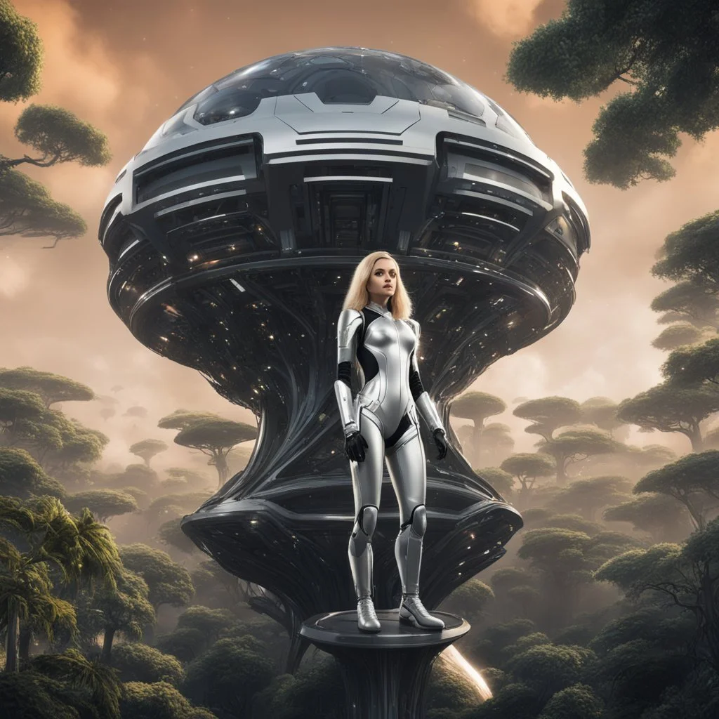 Wide-angle photo of a slim sci-fi woman with blond hair, wearing a silver and black futuristic android-like spacesuit, standing on an alien cloud tree jungle planet