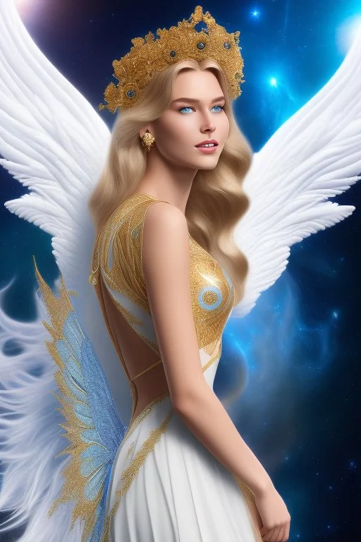 Flower, angel man, (detailed face )++, (detailed blue eyes)++ (long blond hair)++(pectoro visible)++(smile)++, , (two feathered wings on his shoulder blades)++, beautiful place, incredible, cosmic, colours, planet, gold, realistic, real photo, stars at night, detailed, high contrast, 8k high definition, unreal engine 5, extremely sharp details, (lighting effect, light background)++.