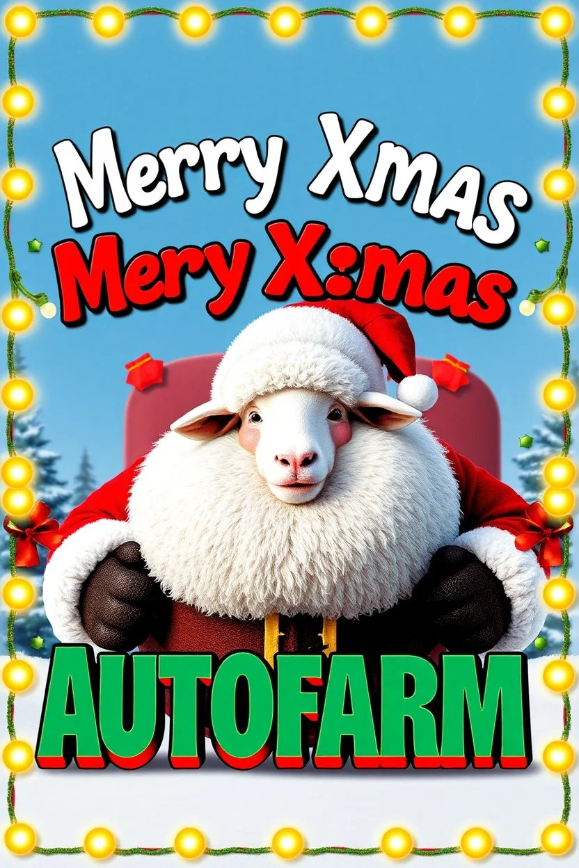 Create a whimsical 1990s-style movie poster featuring a jolly, rotund Santa humorously merged with a fluffy sheep. Capture the playful spirit of 'National Lampoon's Christmas Vacation.' Display 'Merry Xmas Autofarm' prominently in festive, bold letters, framed by twinkling lights and classic Christmas motifs. Use bright, nostalgic colors and playful design elements to evoke retro holiday magic and comedic fun