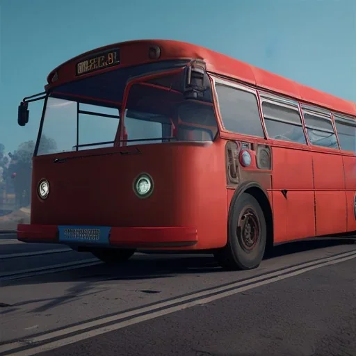 Man, futuristic bus, blue and sky lighting, guns, wearing red armor, unreal engine 5 --v 4