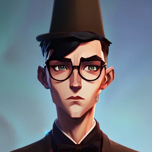 tall young man witbh square glasses, brown hair and grey eyes. He wears blue shirt, dark tails, bow tie and colorful chimney pot hat.