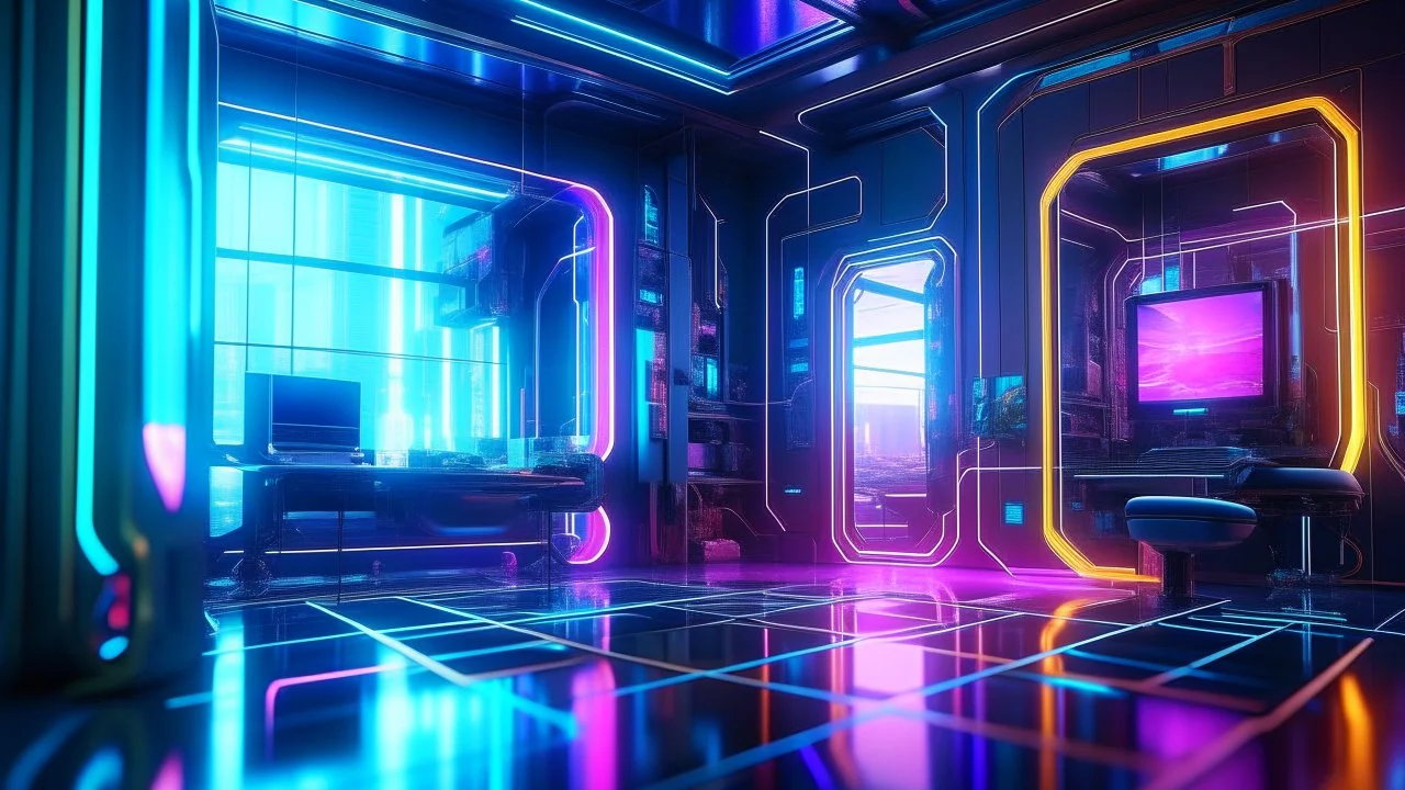 A digital illustration in a futuristic style, showing an empty mirror in a high-tech laboratory setting. The mirror is sleek and modern, with a holographic display showing glitchy patterns and code. The scene is filled with advanced technology and scientific equipment, giving a sense of innovation and discovery. Suffix adds a cyberpunk twist, with neon lights and metallic surfaces reflecting in the mirror