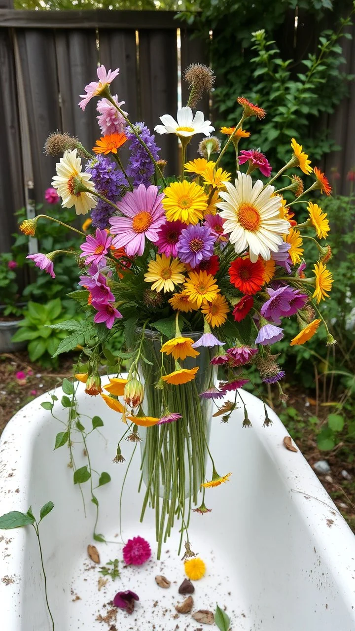 Bathtub used as a vase filled with colorful flowers some of them are tingling down , abandoned in a the backyard