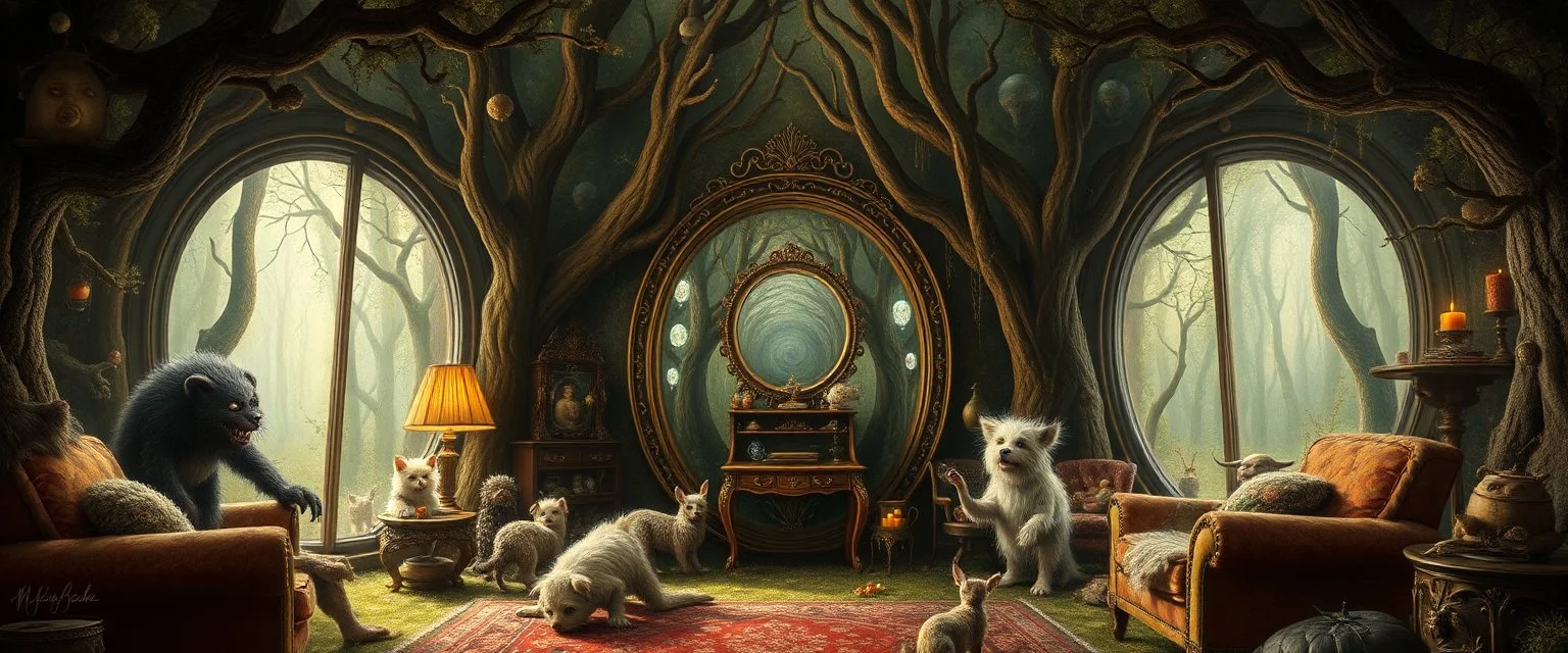in the magical mirror forest we get a strange portrait of a living room, and you enter the strangest bubble doorway to weird dimension and the aura of its heavenly fluffy elevated messed up woodland and ad & d monster creatures flock painted by Nerdrum and Rembrandt
