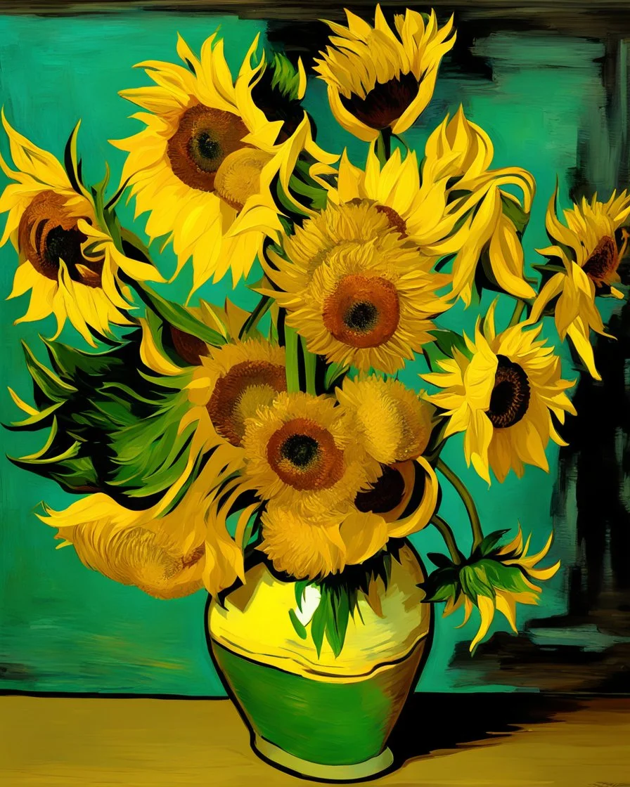 Girasoles de Vicent Van Gogh en metal brillante, florero plateado brillante, arte digital 3D maximalista, calidad ultra, intrincado, hiperdetallado, increíble obra de arte, 8k