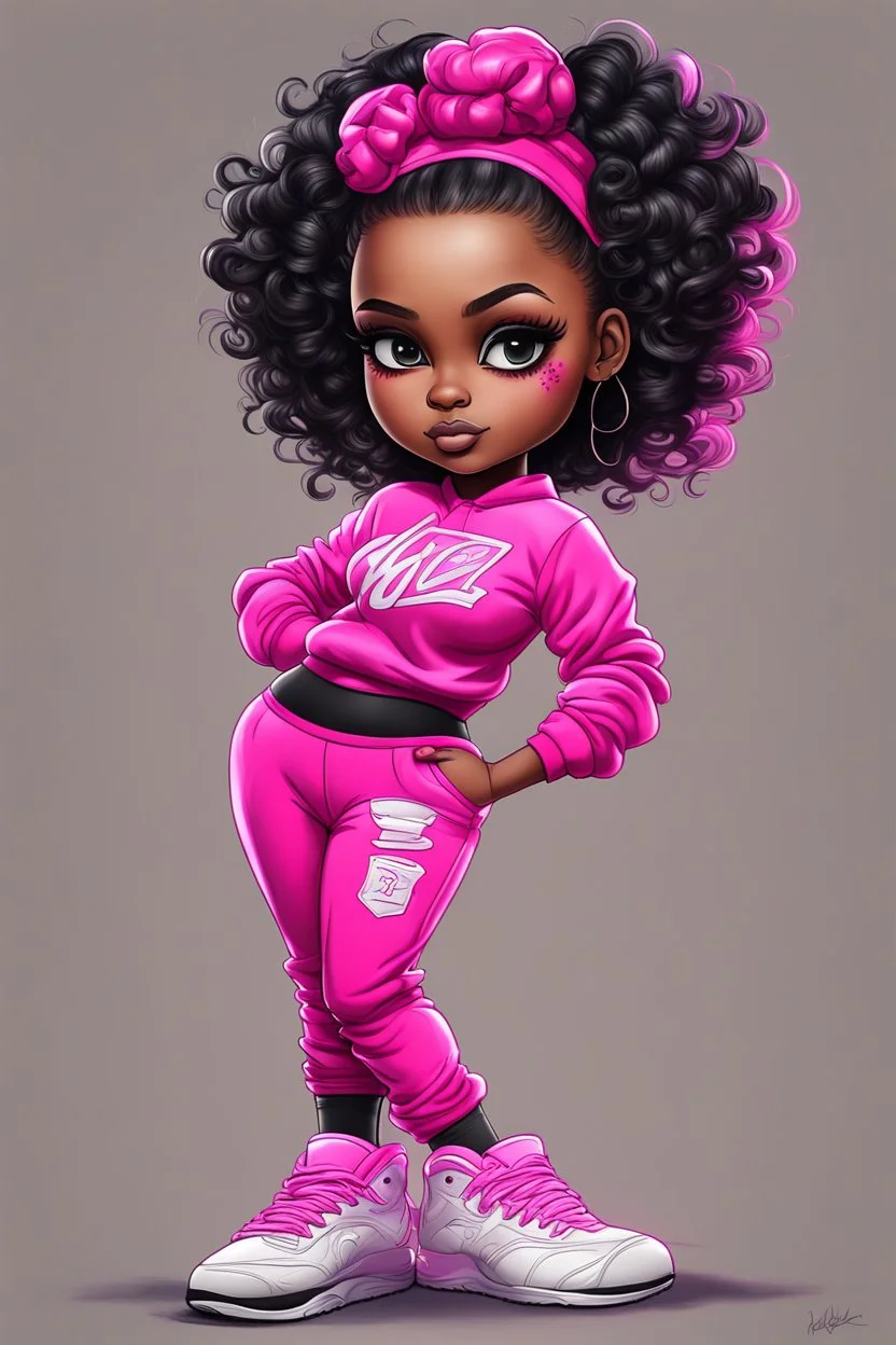 Create an airbrush image of a curvy chibi cartoon black female wearing a hot pink jogger set and black sneakers. Prominent make up with hazel eyes. Extremely highly detailed of messing curly bun