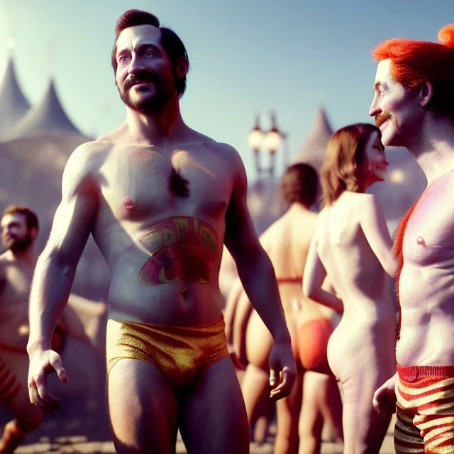 Ultra realistic circus scene. Naked stronger man, waist up view, Wes Anderson style, happy, bubbles, highly detailed, concept art, unreal engine 5, god rays, ray tracing, RTX, lumen lighting, ultra detail, volumetric lighting, 3d, finely drawn, high definition, high resolution.