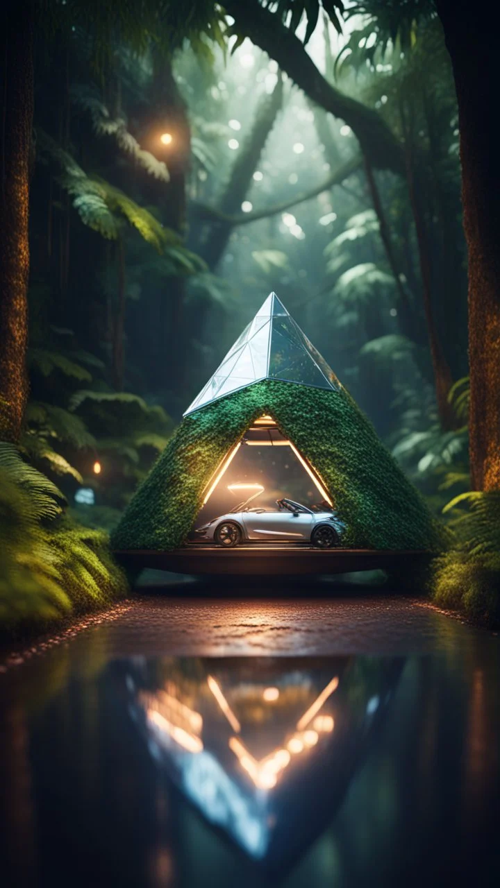 a car shaped like a capped tetrahedron without a top in dark lit reflective wet jungle metallic hall dome hotel tunnel, in the style of a game,bokeh like f/0.8, tilt-shift lens 8k, high detail, smooth render, down-light, unreal engine, prize winning