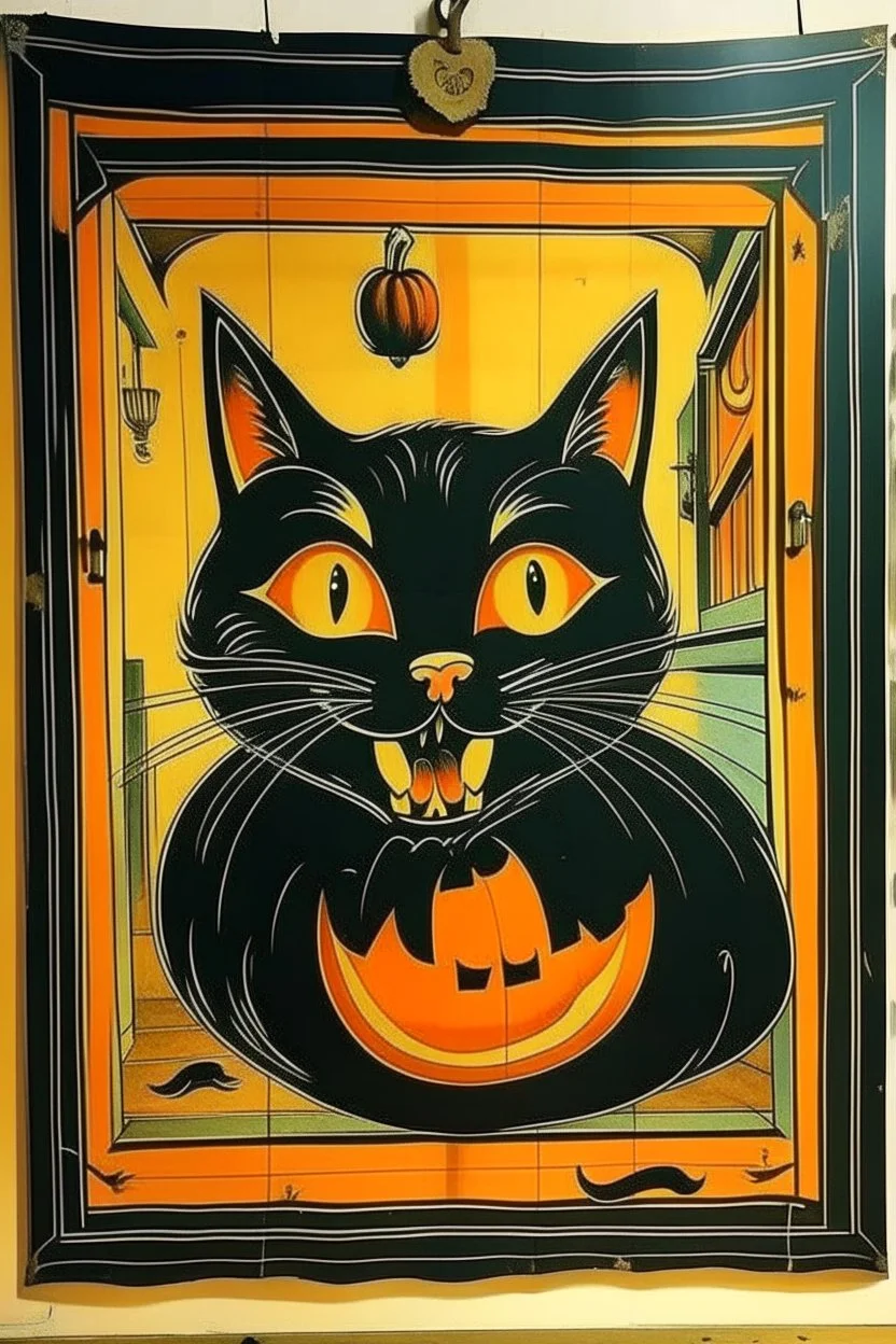 Vintage store front poster, Halloween, cat inside pumpkin