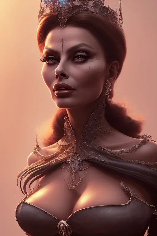 Sophia Loren as evil queen in black leather, cleavage, angry, stern look. character design by cory loftis, fenghua zhong, ryohei hase, ismail inceoglu and ruan jia. unreal engine 5, artistic lighting, highly detailed, photorealistic, fantasy