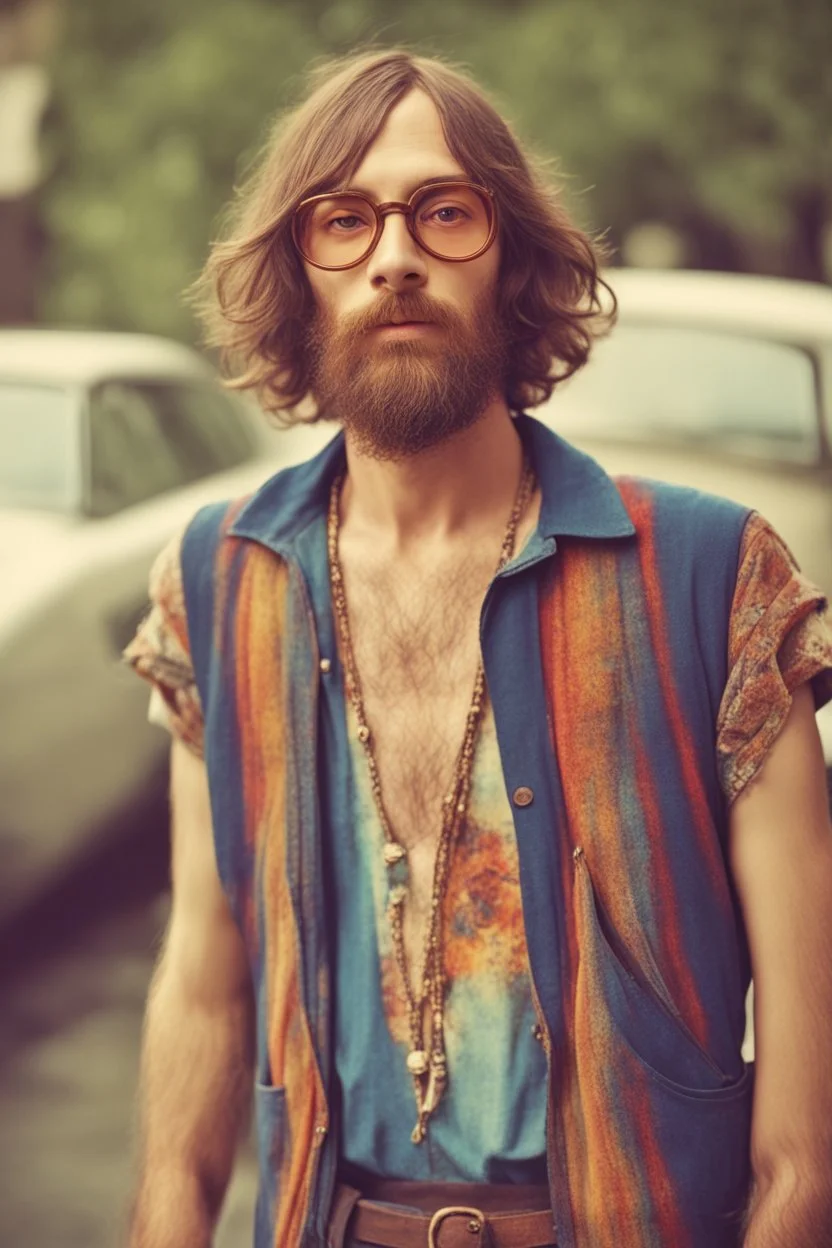 Hippie bohemian young man with Parisian bohemian look and glasses of colours and poor and short short short and poor hair on the head with receding hairline. Farsightedness glasses with big eyes. Long beard. Vintage look and feel like photo styleof the 70s