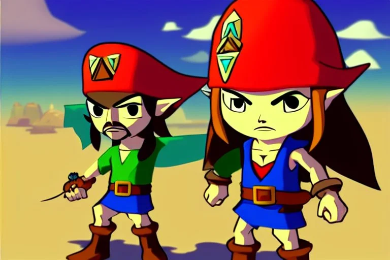 Cartoony and muscular Captain Jack Sparrow, Legend Of Zelda: Wind Waker style, stylized, colorful, adventurous.