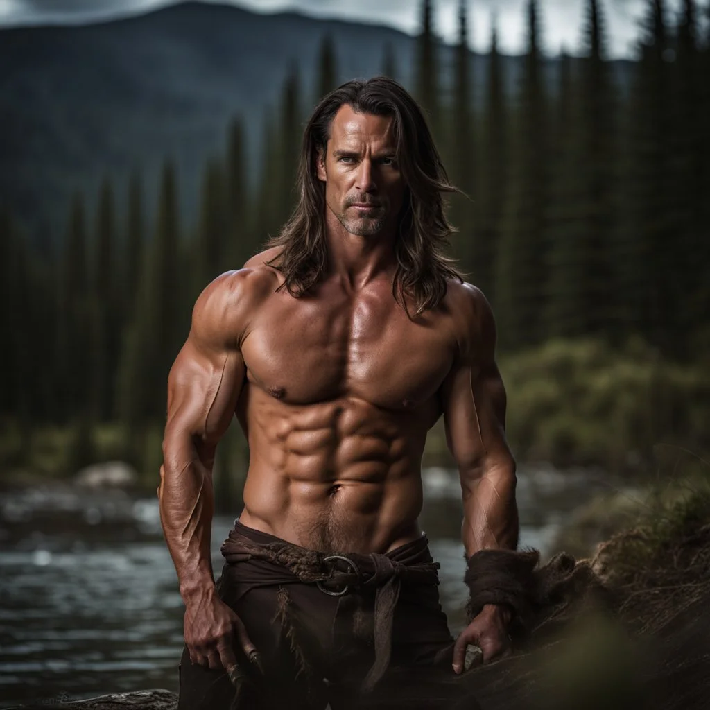 Handsome and muscular 40 year old shirtless mountain man, dark fantasy