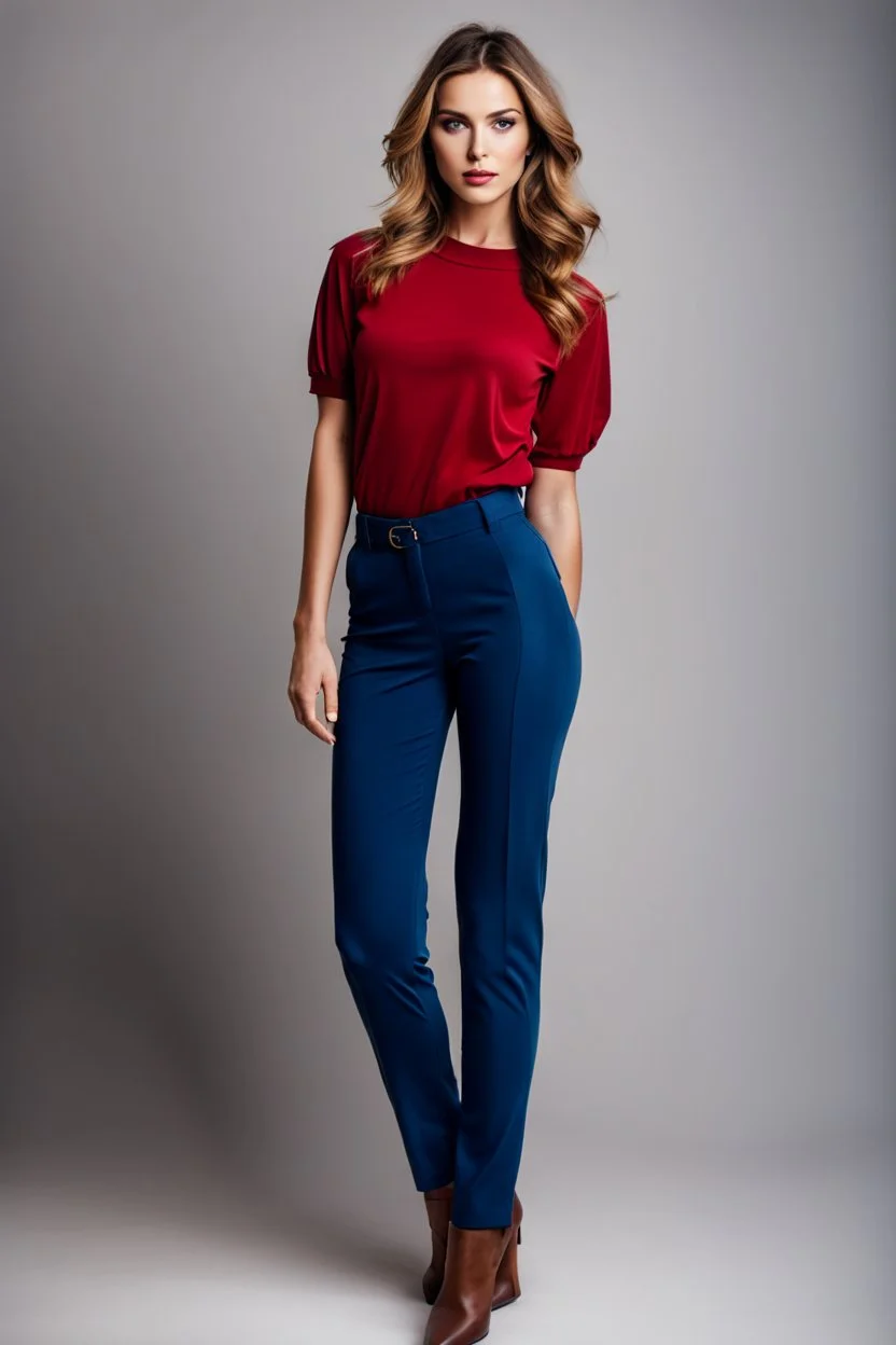 fullbody shot of young-beautiful-german girl-with-a-perfect-face-with-make-up-wearing- blue top and dark red pants standing , prophesional photography studio