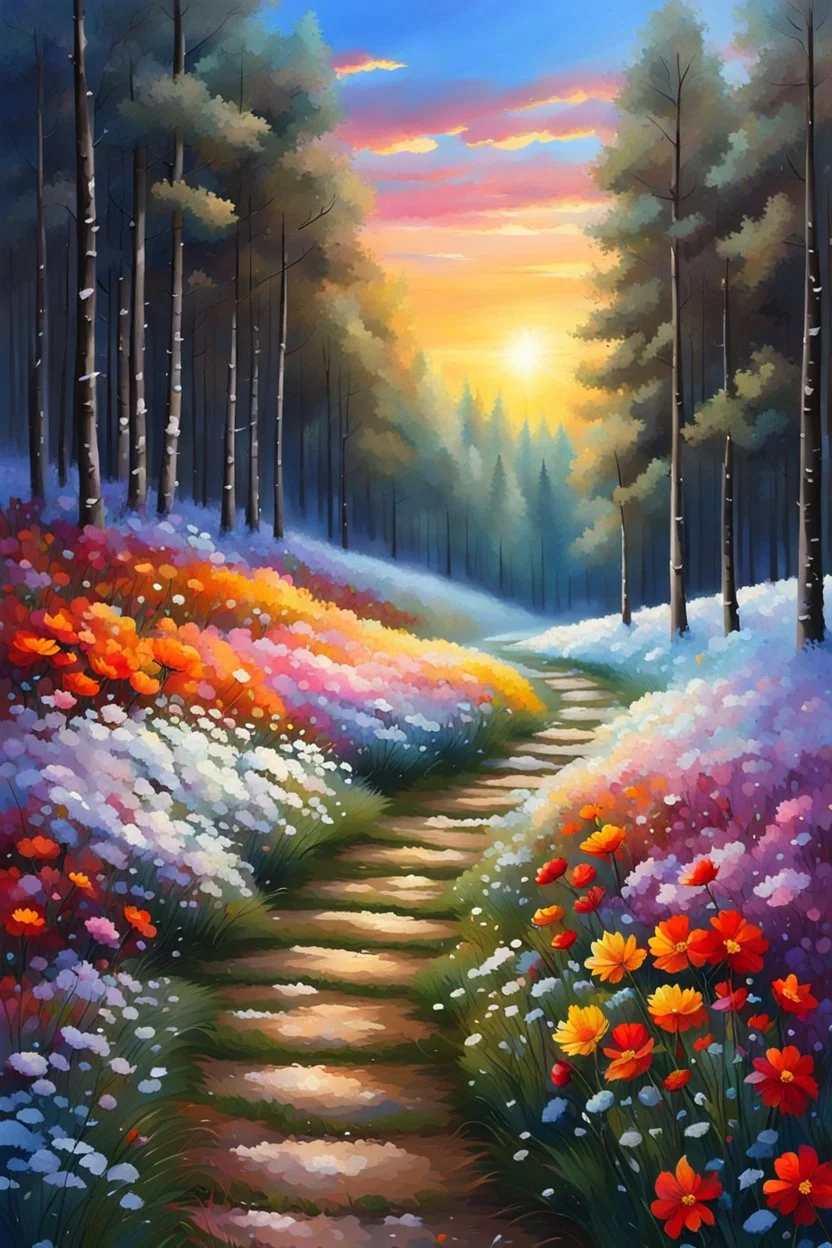 a field filled with lots of flowers next to a forest, footsteps in the snow, beautiful master painting, splashes of colors, path, very attractive and beautiful clouds, ( land ), pathway, color splashes, beautiful view, soft edges, stunning screensaver.